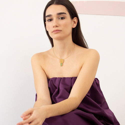 JOIDART-COLLAGE- Yellow-Gold Oval + Green rectangle Enamel on round wire Necklace