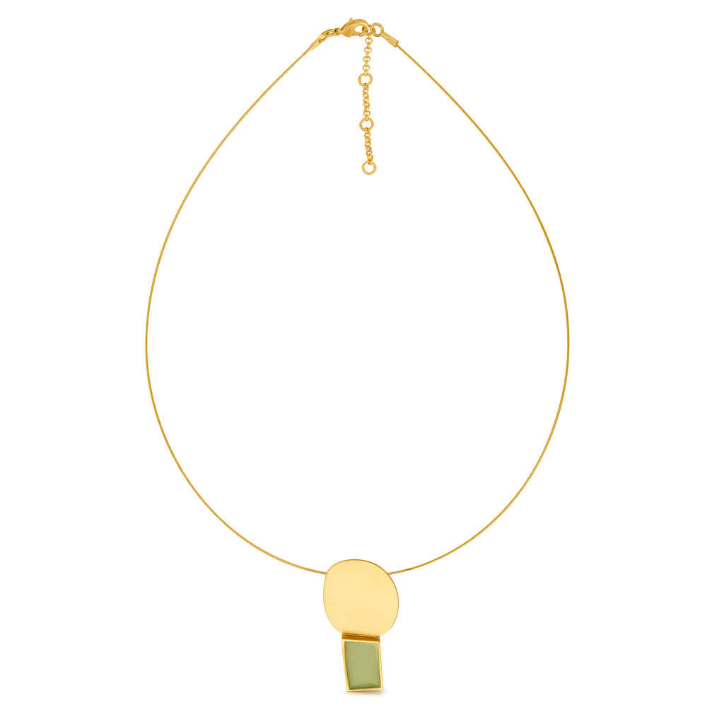 JOIDART-COLLAGE- Yellow-Gold Oval + Green rectangle Enamel on round wire Necklace