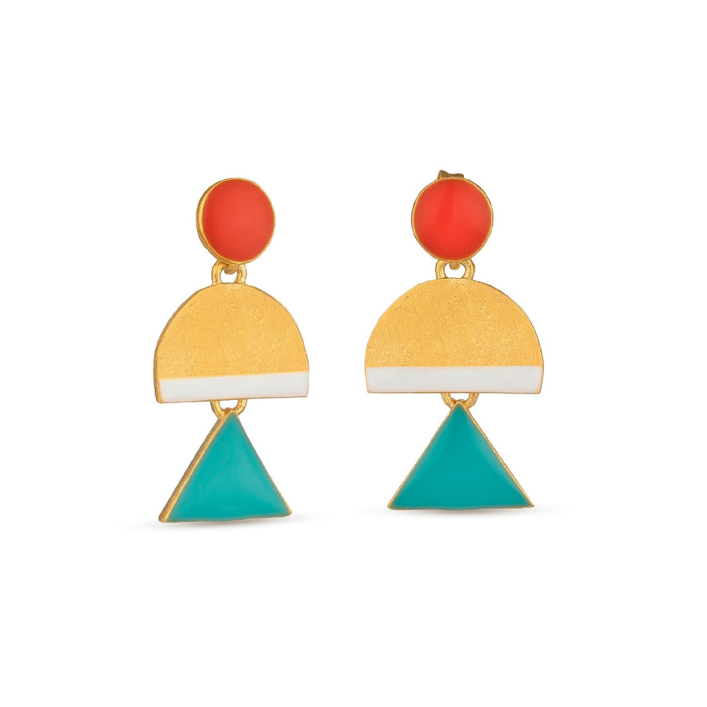 JOIDART-SOMNI-YG-Red point and Turquoise Triangle Stud Earrings