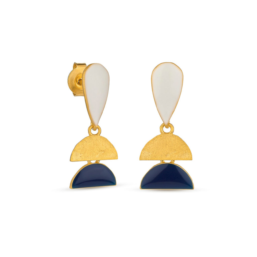 JOIDART-SOMNI-YG-White Drop and Blue Semi-Circle Stud Earrings
