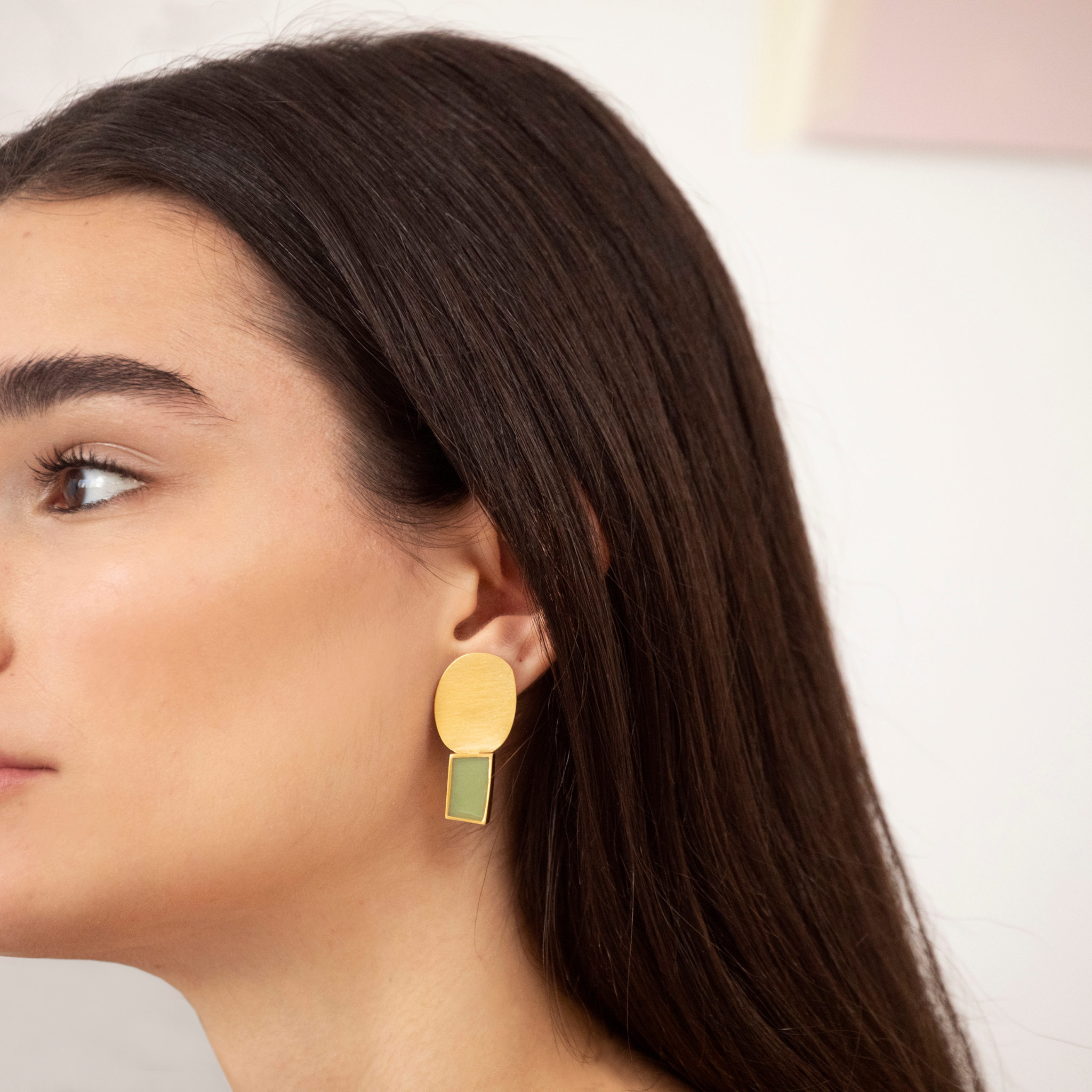JOIDART-COLLAGE- YG Big circle + square Green Enamel Earrings