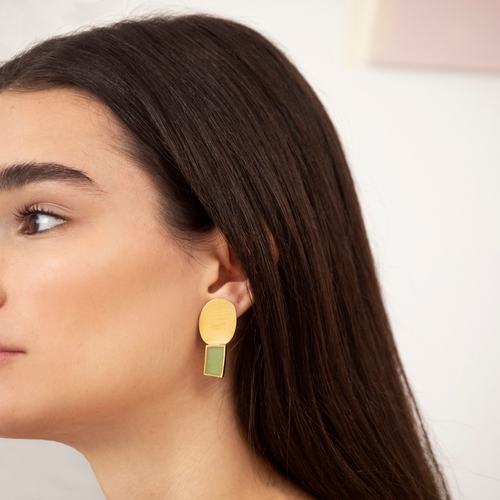 JOIDART-COLLAGE- YG Big circle + square Green Enamel Earrings