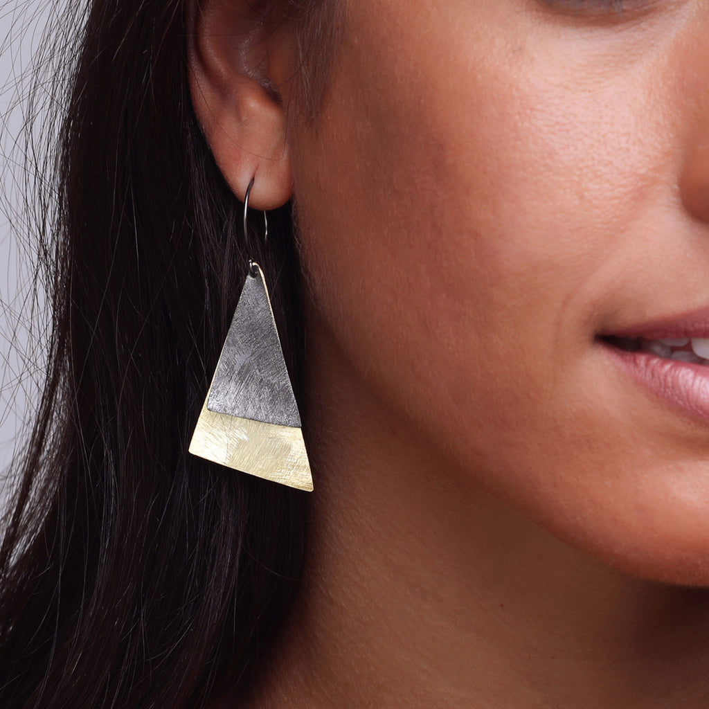 Black and Yellow-Gold Two Plain Triangles Earrings