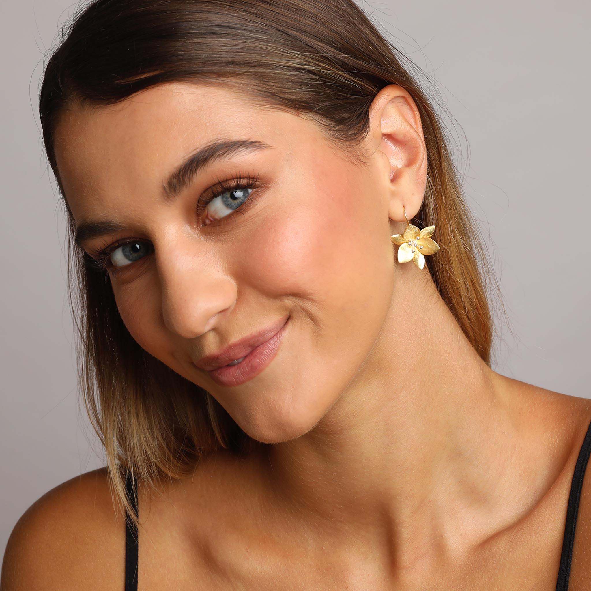 Yellow-Gold and Silver Grass Lily Flower Earrings