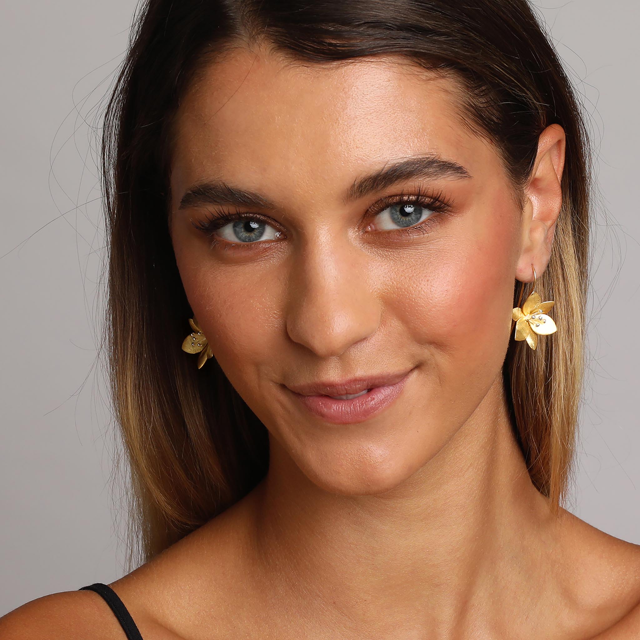 Yellow-Gold and Silver Grass Lily Flower Earrings