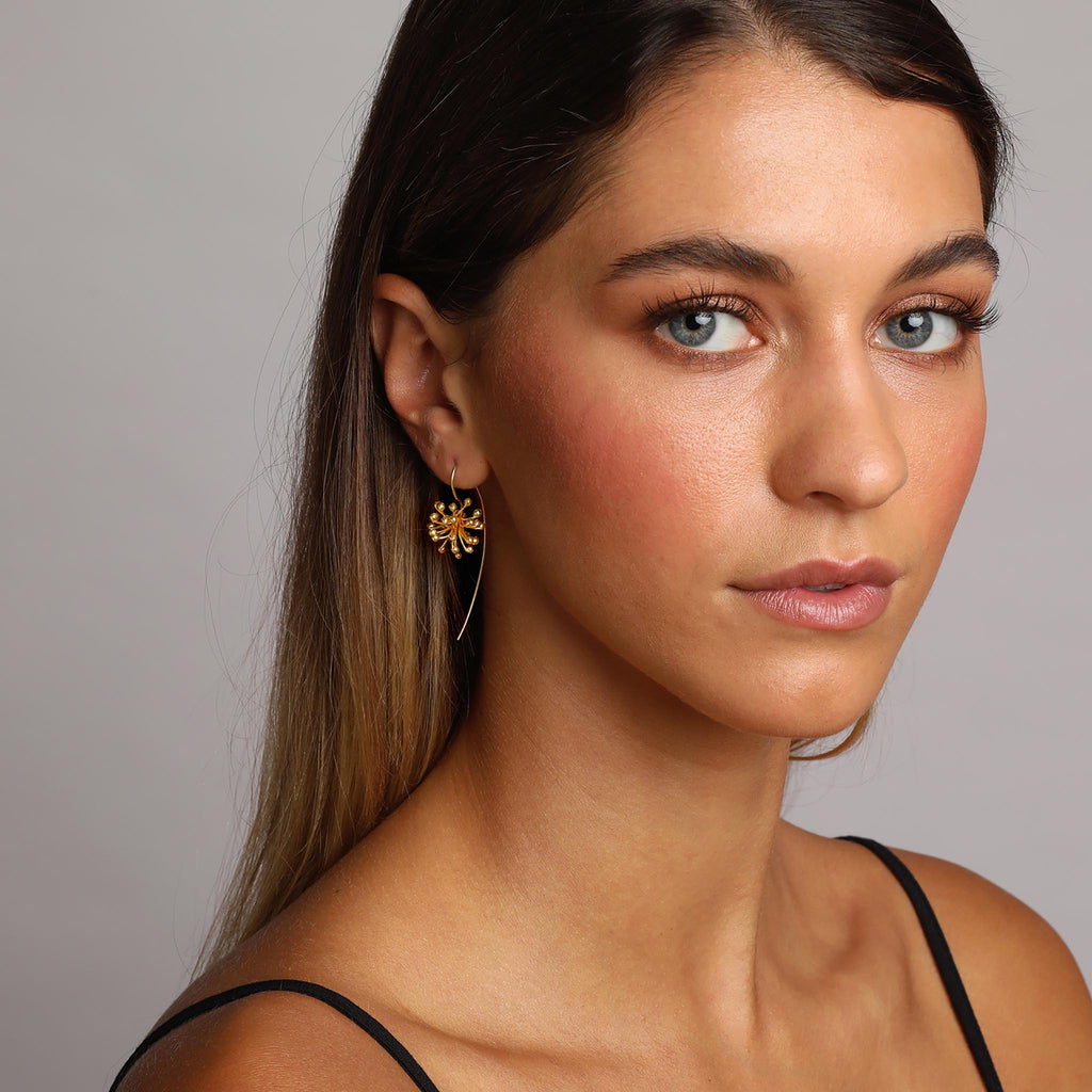 Yellow-Gold Clover Flower with a Long Back Earrings