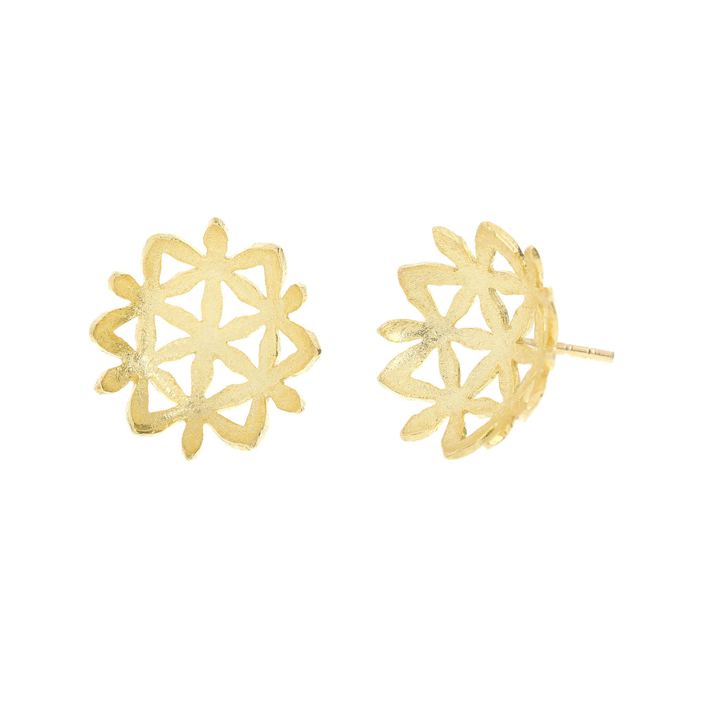 Yellow-Gold Curved Flowers Stud Earrings