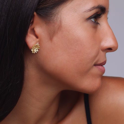 Yellow-Gold Curved Flowers Stud Earrings