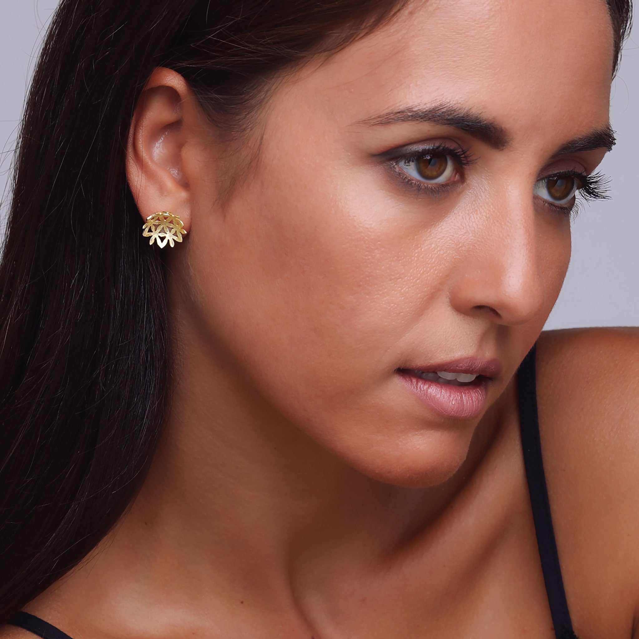 Yellow-Gold Curved Flowers Stud Earrings