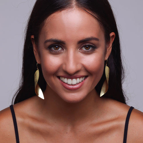 Yellow-Gold Long Curved Leaf Earrings