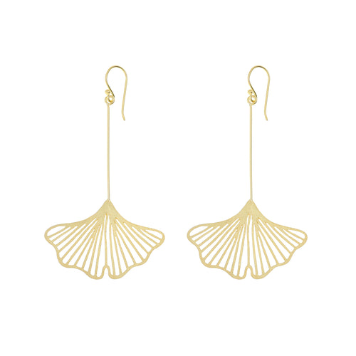 Yellow-Gold Long Ginkgo Earrings
