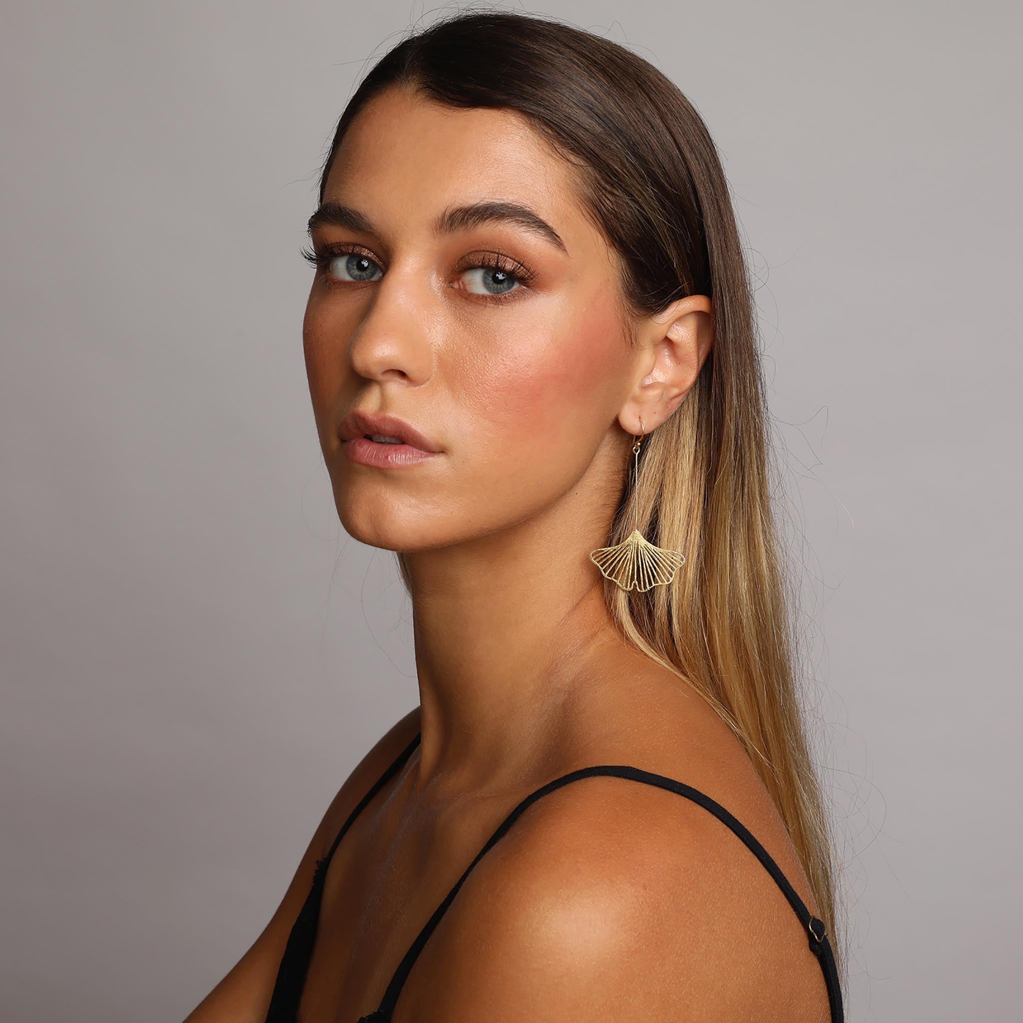 Yellow-Gold Long Ginkgo Earrings
