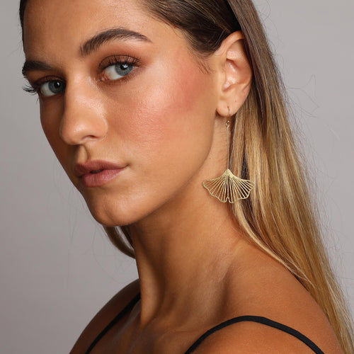 Yellow-Gold Long Ginkgo Earrings