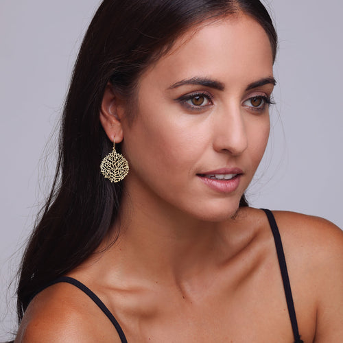 Yellow-Gold Round Coral Earrings