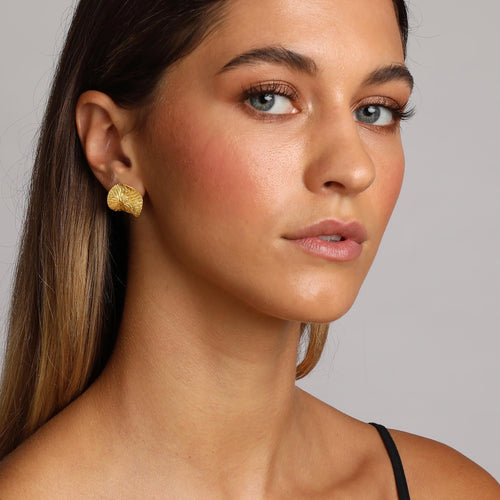 Yellow-Gold Textured Wavy Leaf Stud Earrings