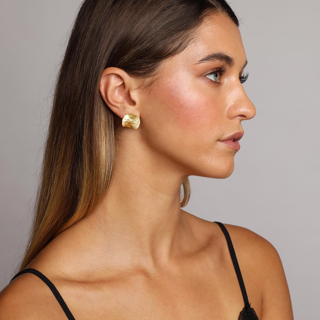 Yellow-Gold Textured Wavy Leaf Stud Earrings
