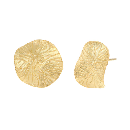 Yellow-Gold Textured Wavy Leaf Stud Earrings