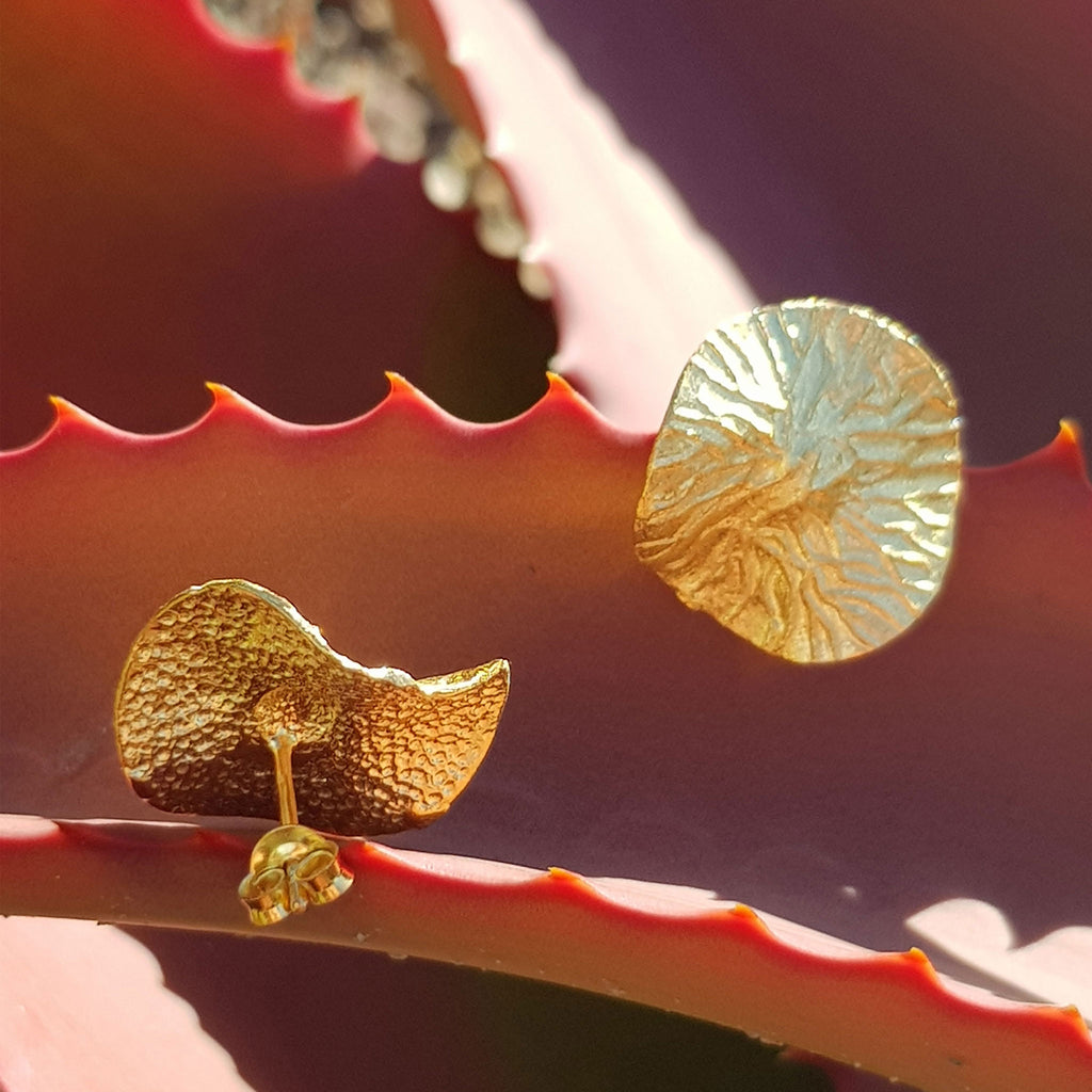 Yellow-Gold Textured Wavy Leaf Stud Earrings