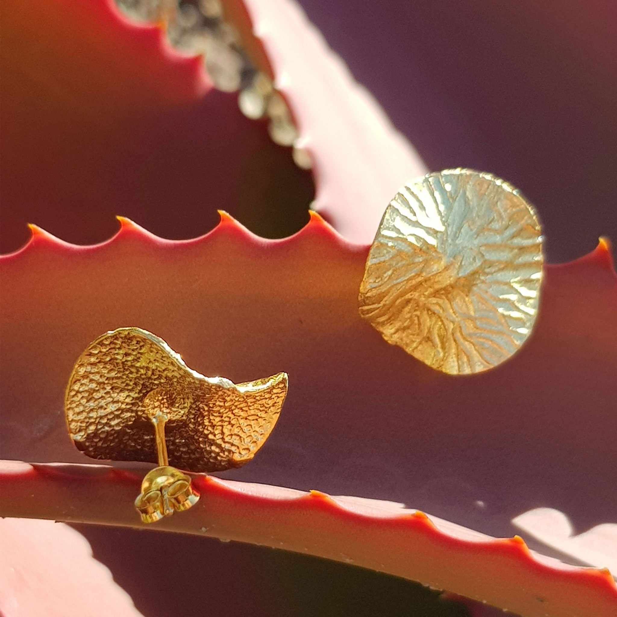Yellow-Gold Textured Wavy Leaf Stud Earrings