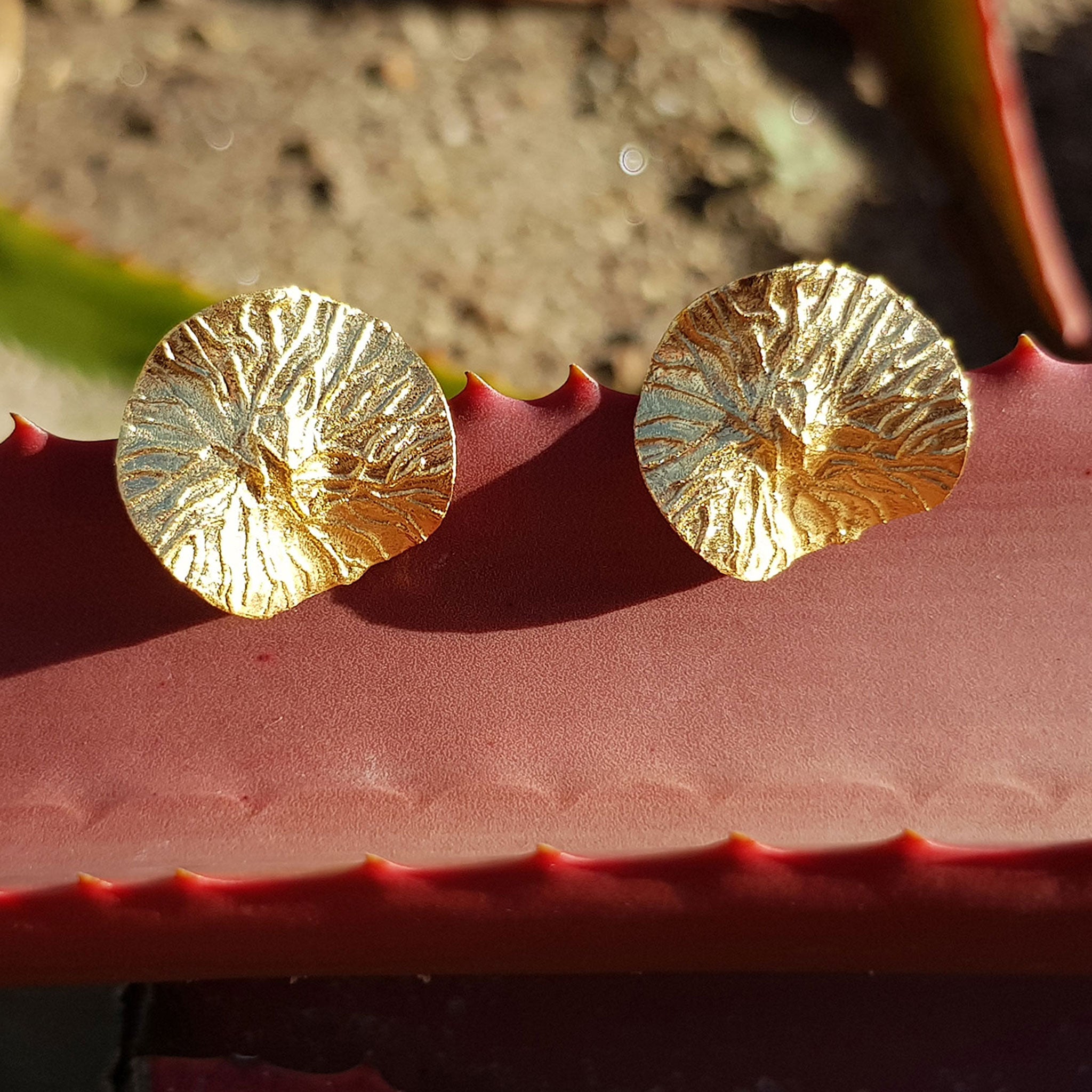 Yellow-Gold Textured Wavy Leaf Stud Earrings