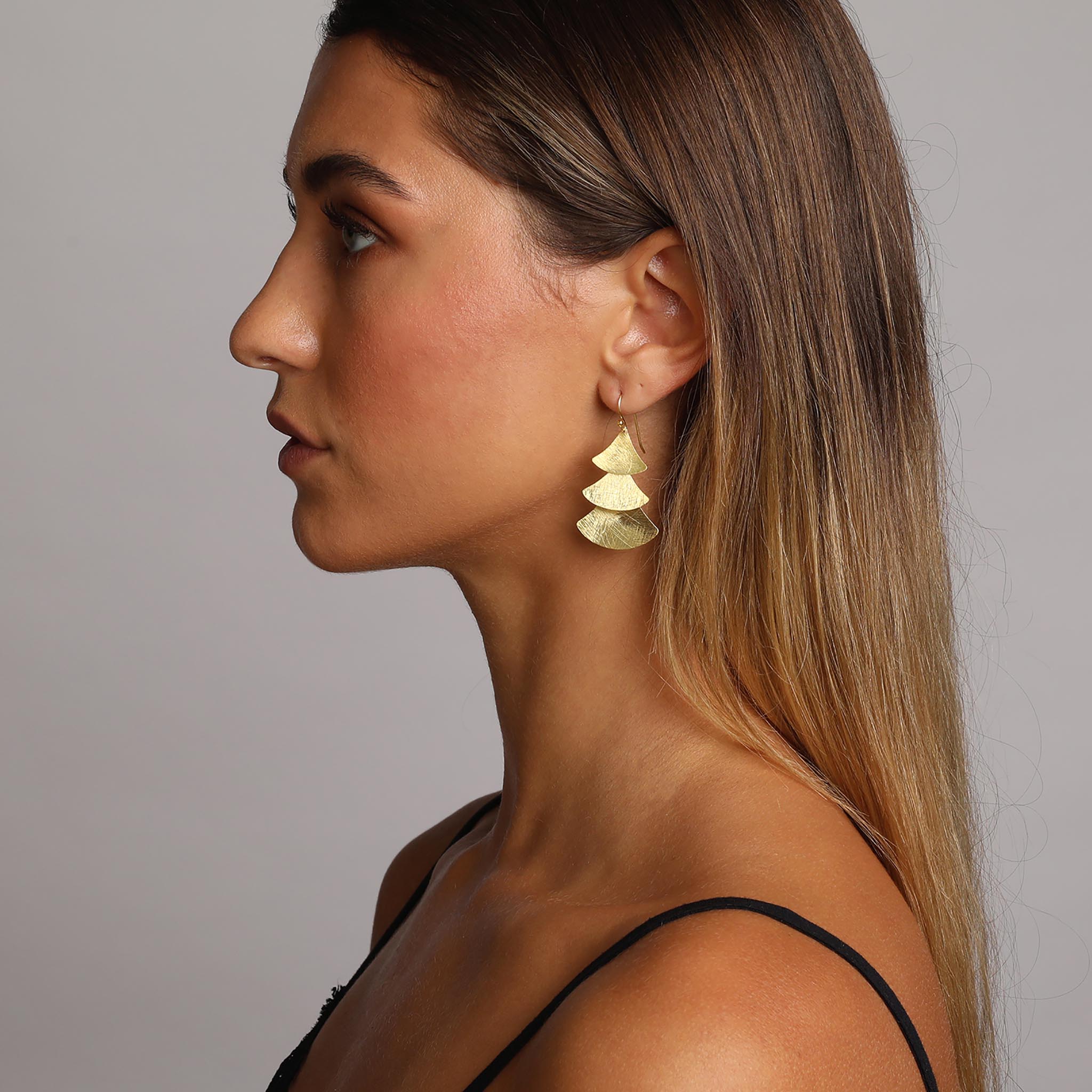 Yellow-Gold Three Plain Triangles Earrings