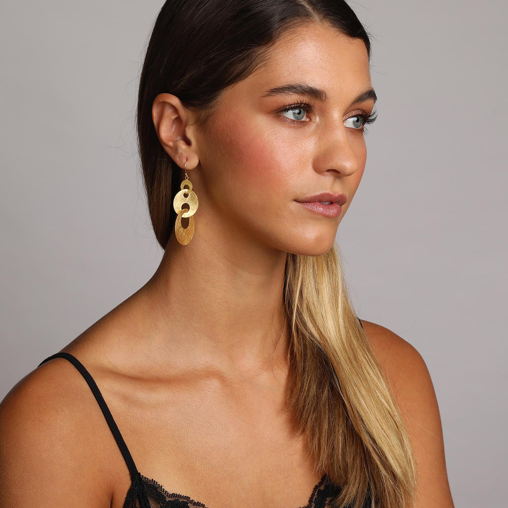 Yellow-Gold Linked Triple Hoop Dangle Earrings