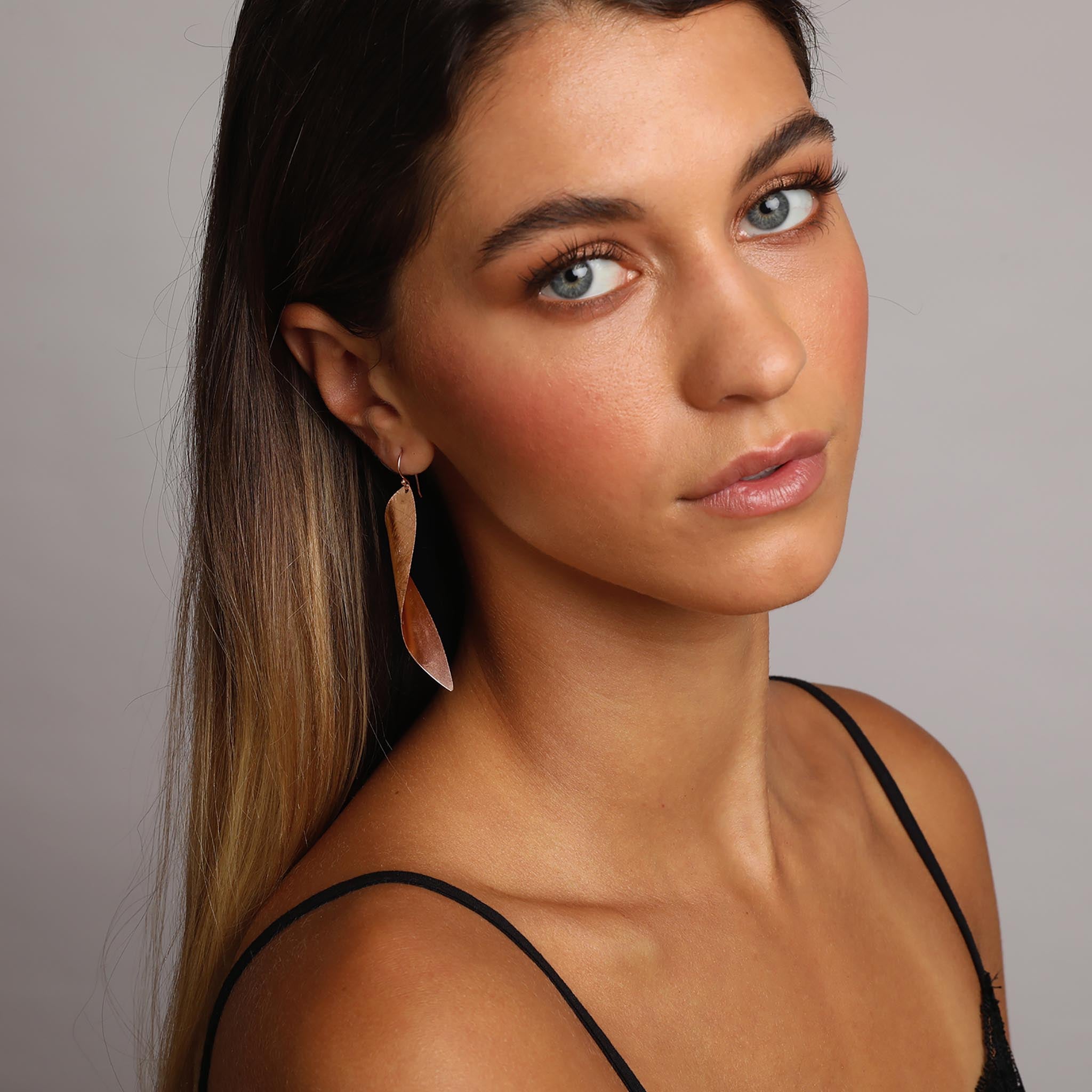 Rose-Gold Long Curved Leaf Earrings
