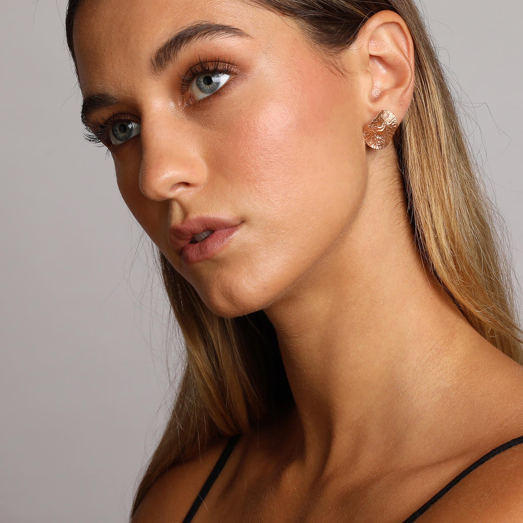 Rose-Gold Textured Wavy Leaf Stud Earrings