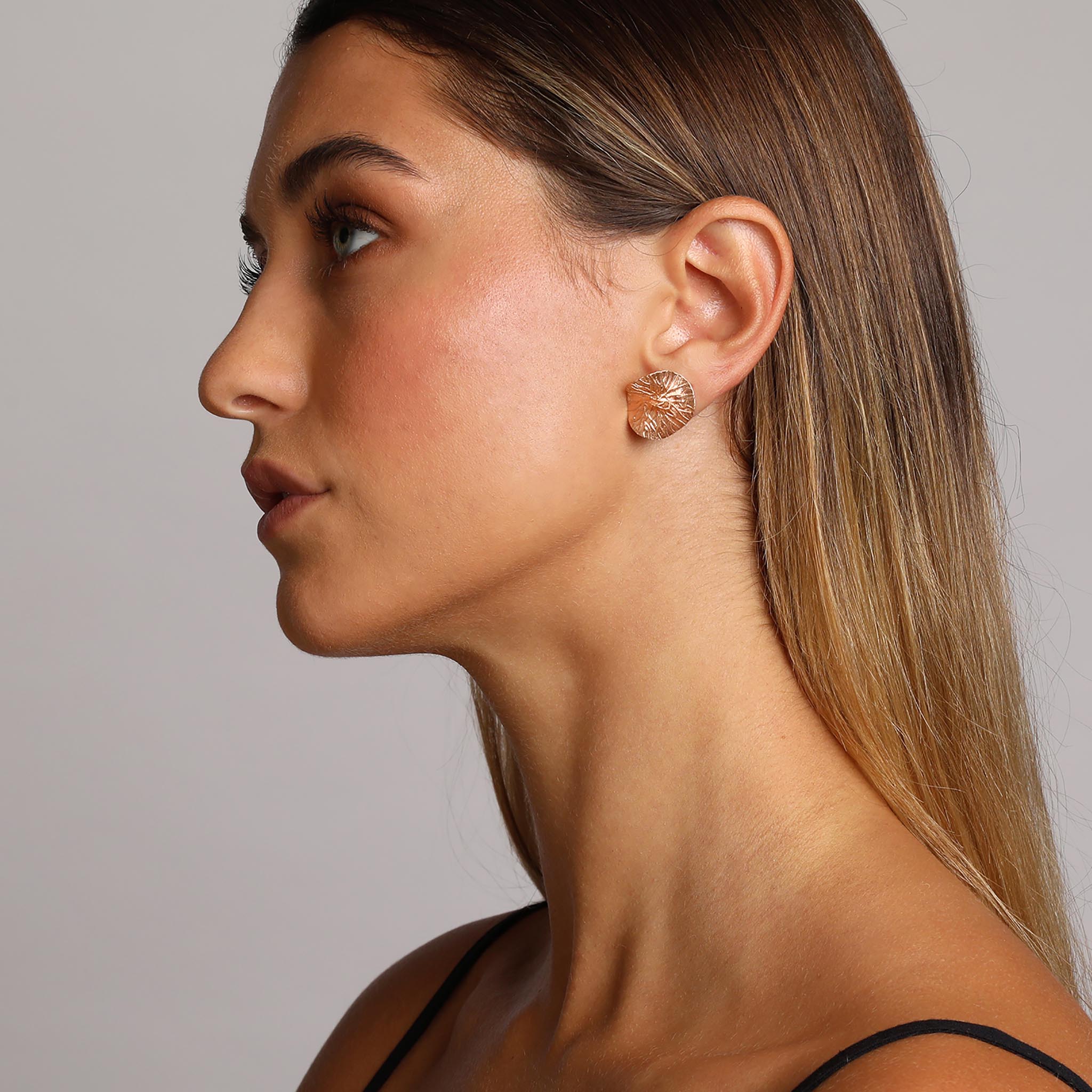 Rose-Gold Textured Wavy Leaf Stud Earrings