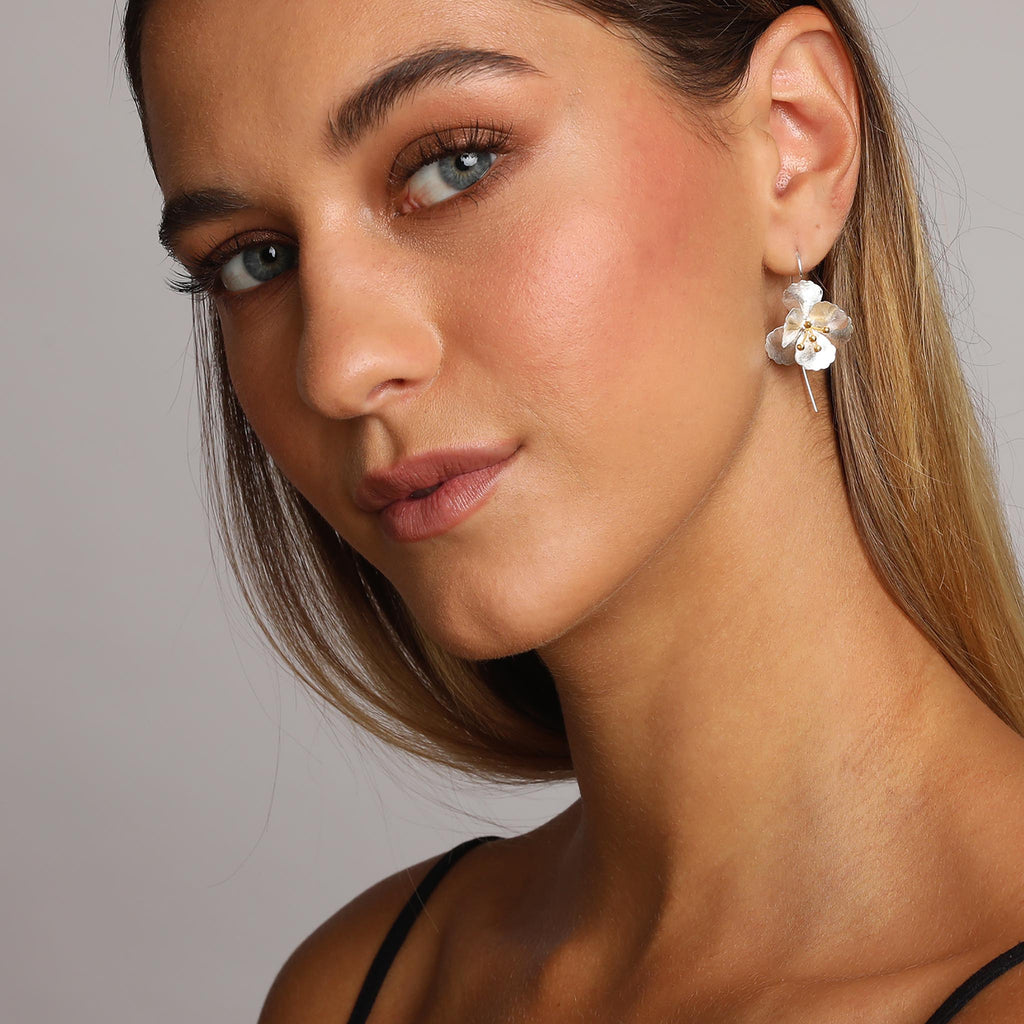 Silver and Yellow-Gold Cherry Blossom Flower Earrings