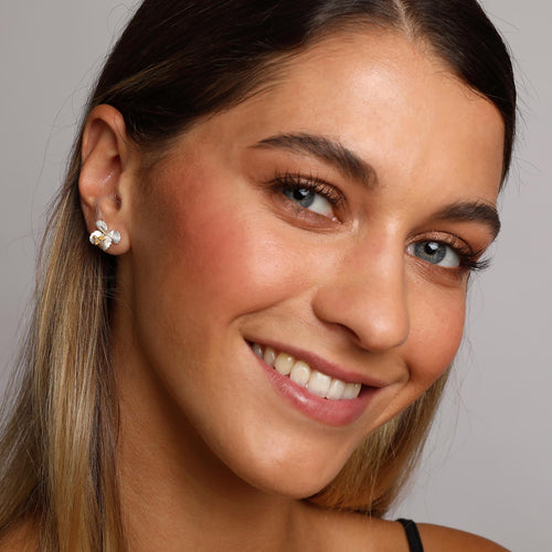 Silver and Yellow-Gold Cherry Blossom Flower Stud Earrings