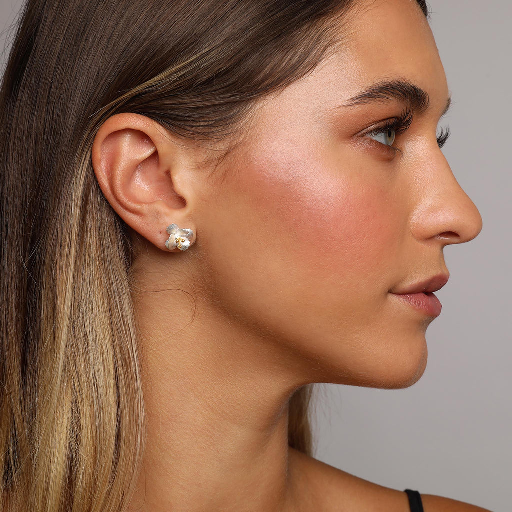 Silver and Yellow-Gold Cherry Blossom Flower Stud Earrings
