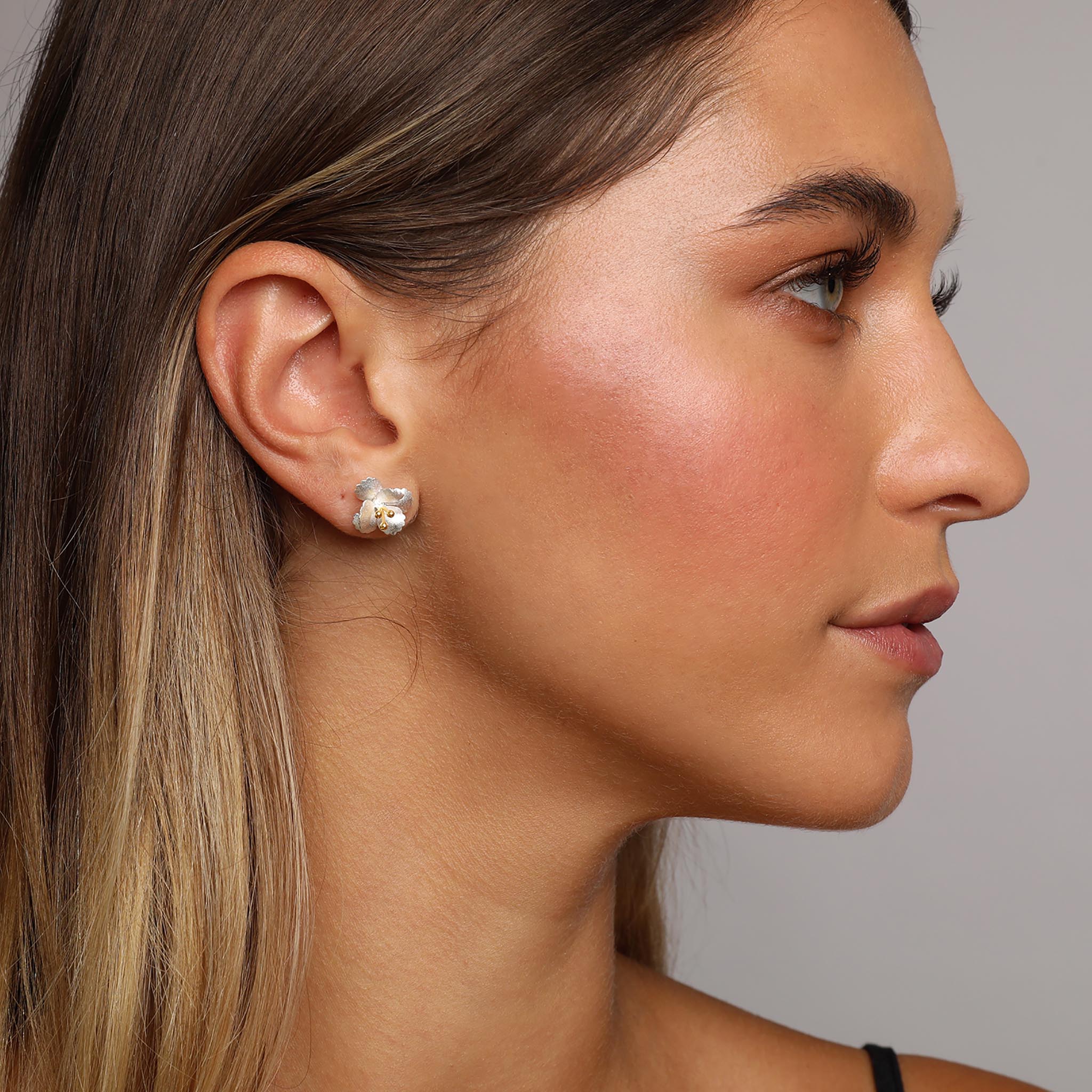 Silver and Yellow-Gold Cherry Blossom Flower Stud Earrings