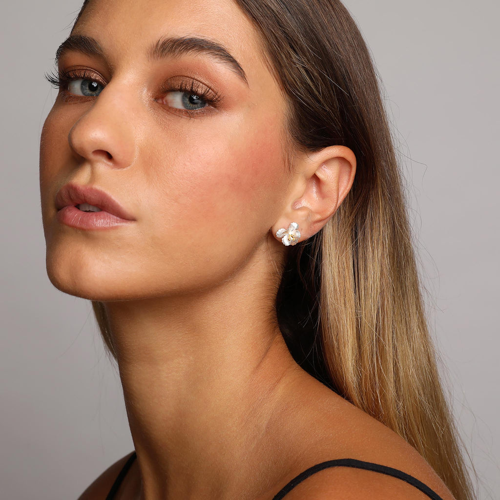 Silver and Yellow-Gold Cherry Blossom Flower Stud Earrings