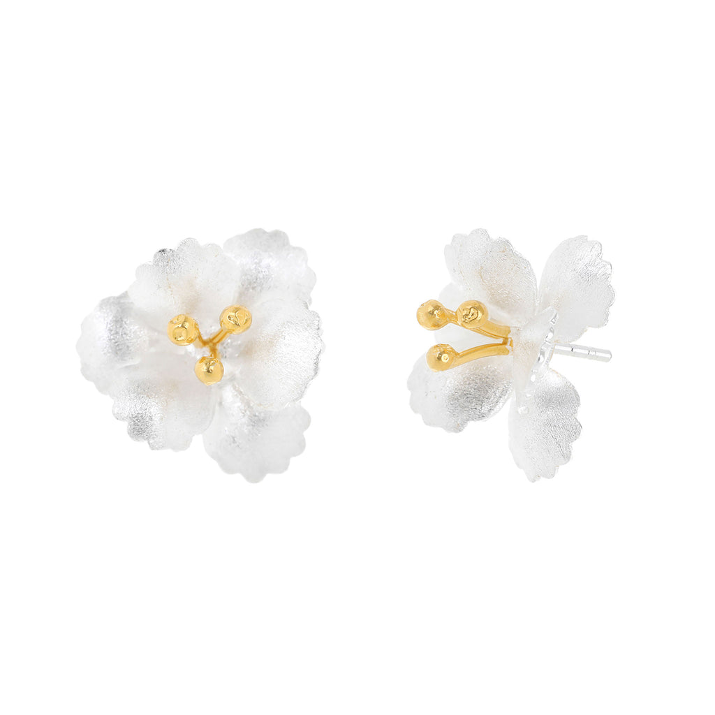 Silver and Yellow-Gold Cherry Blossom Flower Stud Earrings