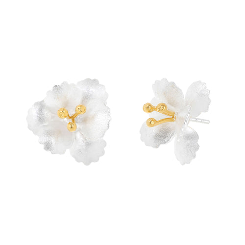 Silver and Yellow-Gold Cherry Blossom Flower Stud Earrings