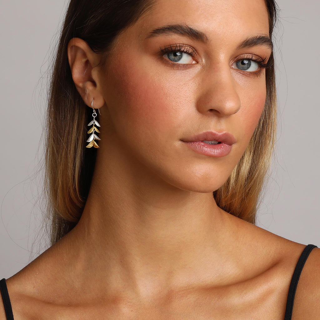 Silver and Yellow-Gold Dangling Leaves Earrings