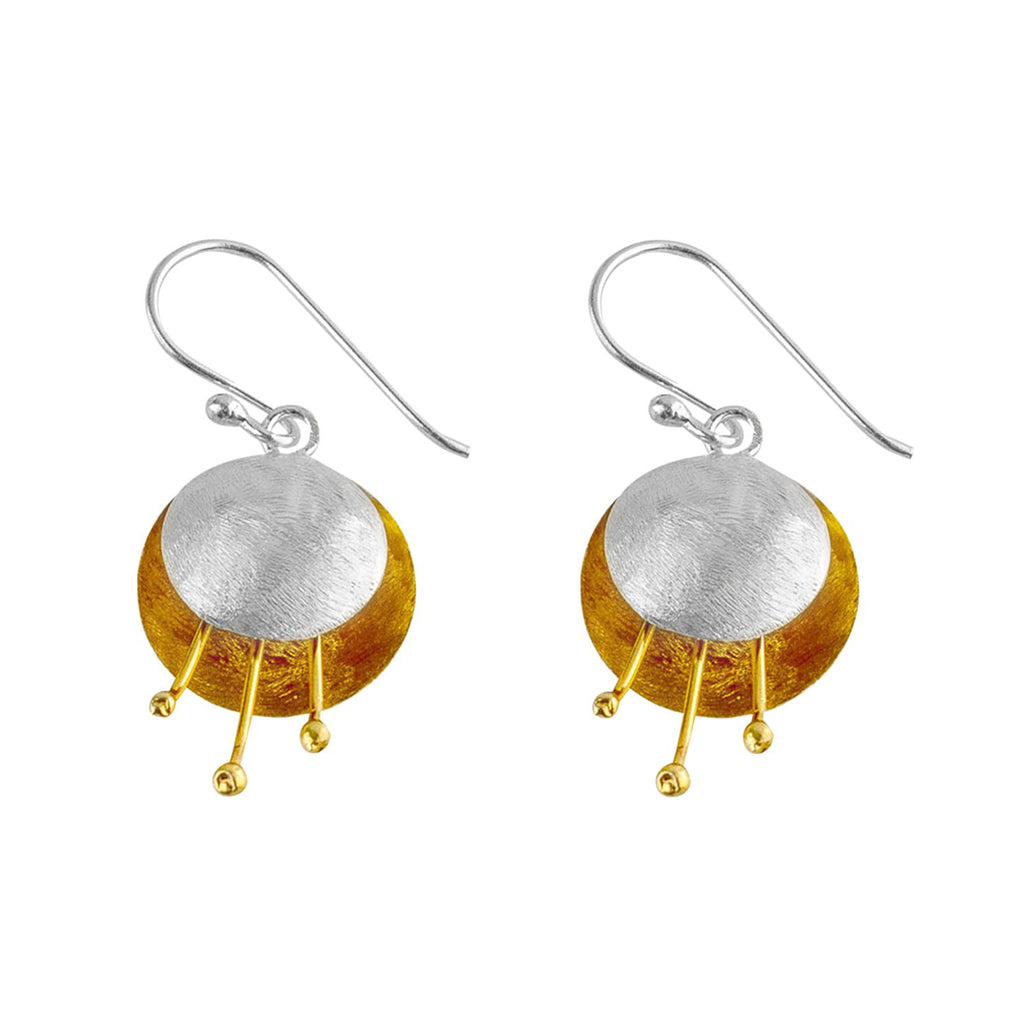Silver and Yellow-Gold Dangling Two Petals Flower Earrings