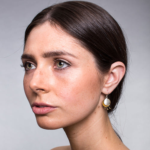 Silver and Yellow-Gold Dangling Two Petals Flower Earrings