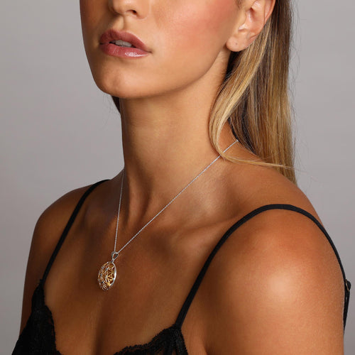 Silver and Yellow-Gold Flower Design Embellished Domed Pendant