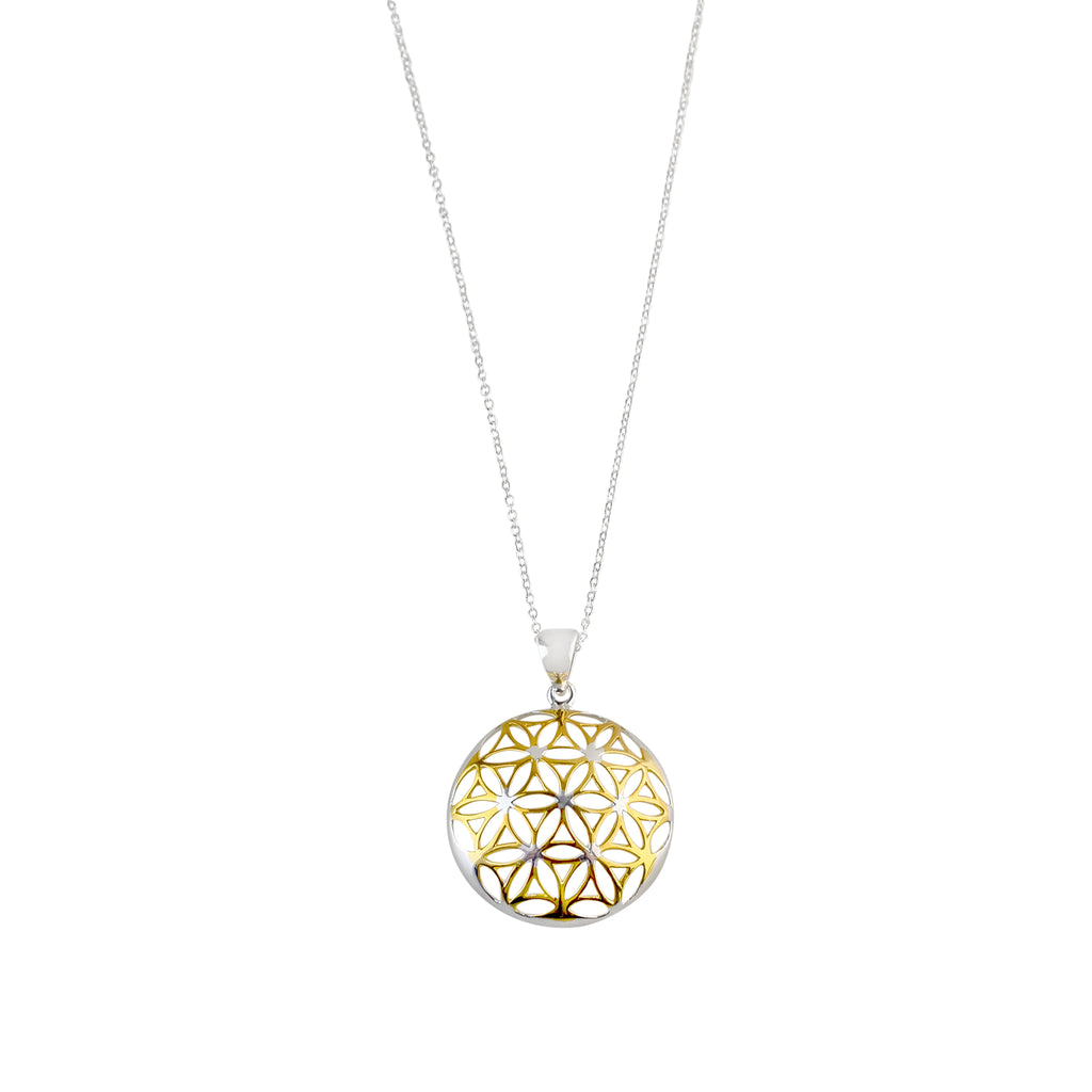 Silver and Yellow-Gold Flower Design Embellished Domed Pendant