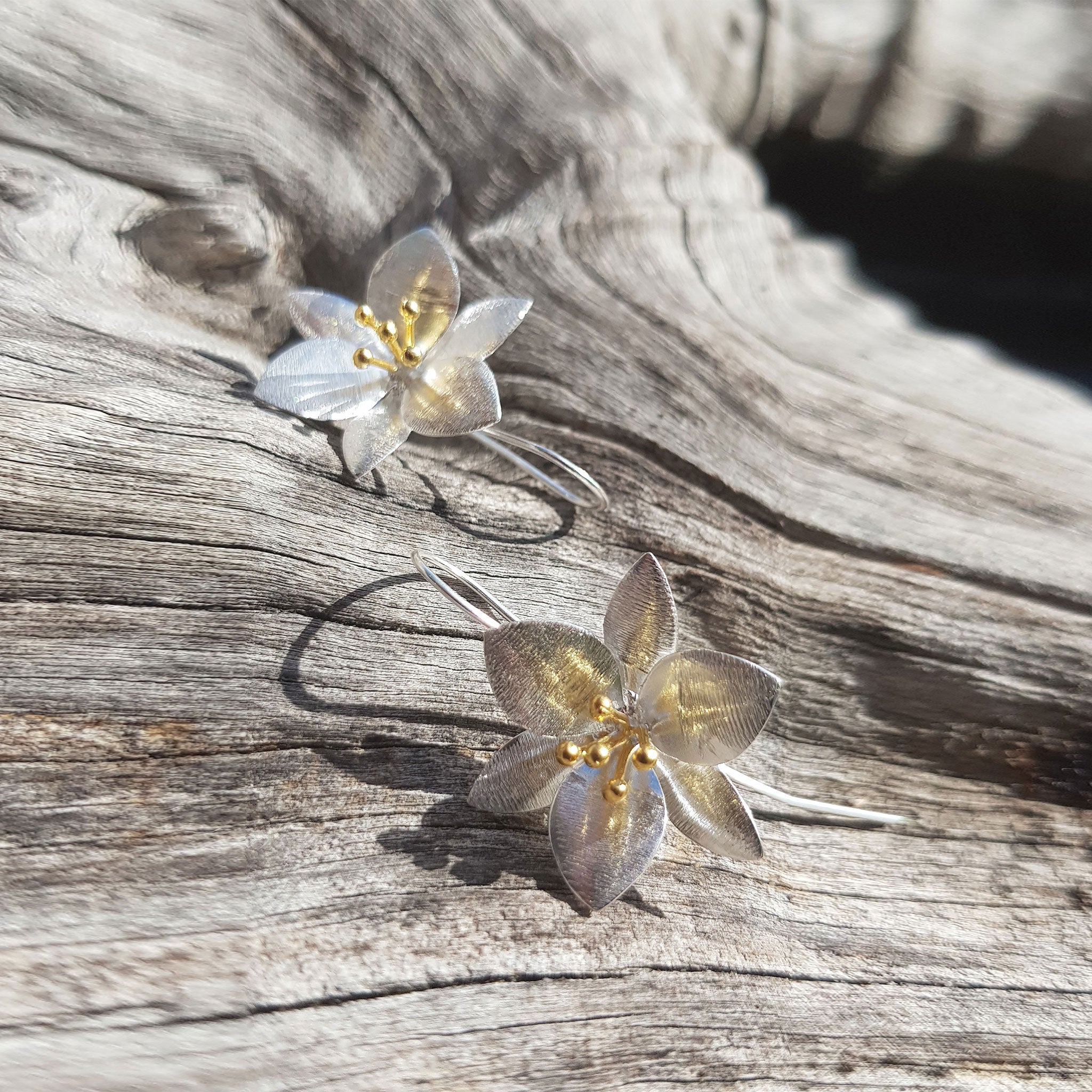 Silver and Yellow-Gold Grass Lily Flower Earrings