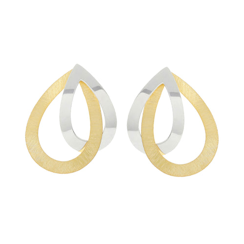 Silver and Yellow-Gold Intertwined Tear Shape Open Loop Stud Earrings