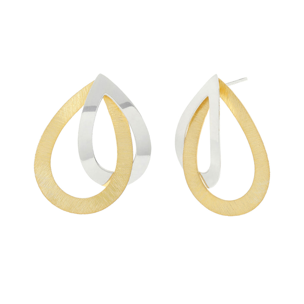 Silver and Yellow-Gold Intertwined Tear Shape Open Loop Stud Earrings