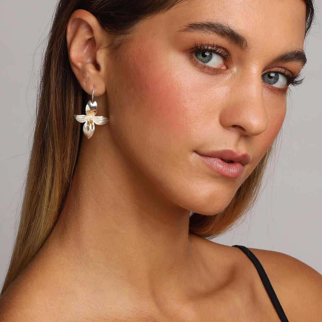 Silver and Yellow-Gold Large Daphne Flower Earrings