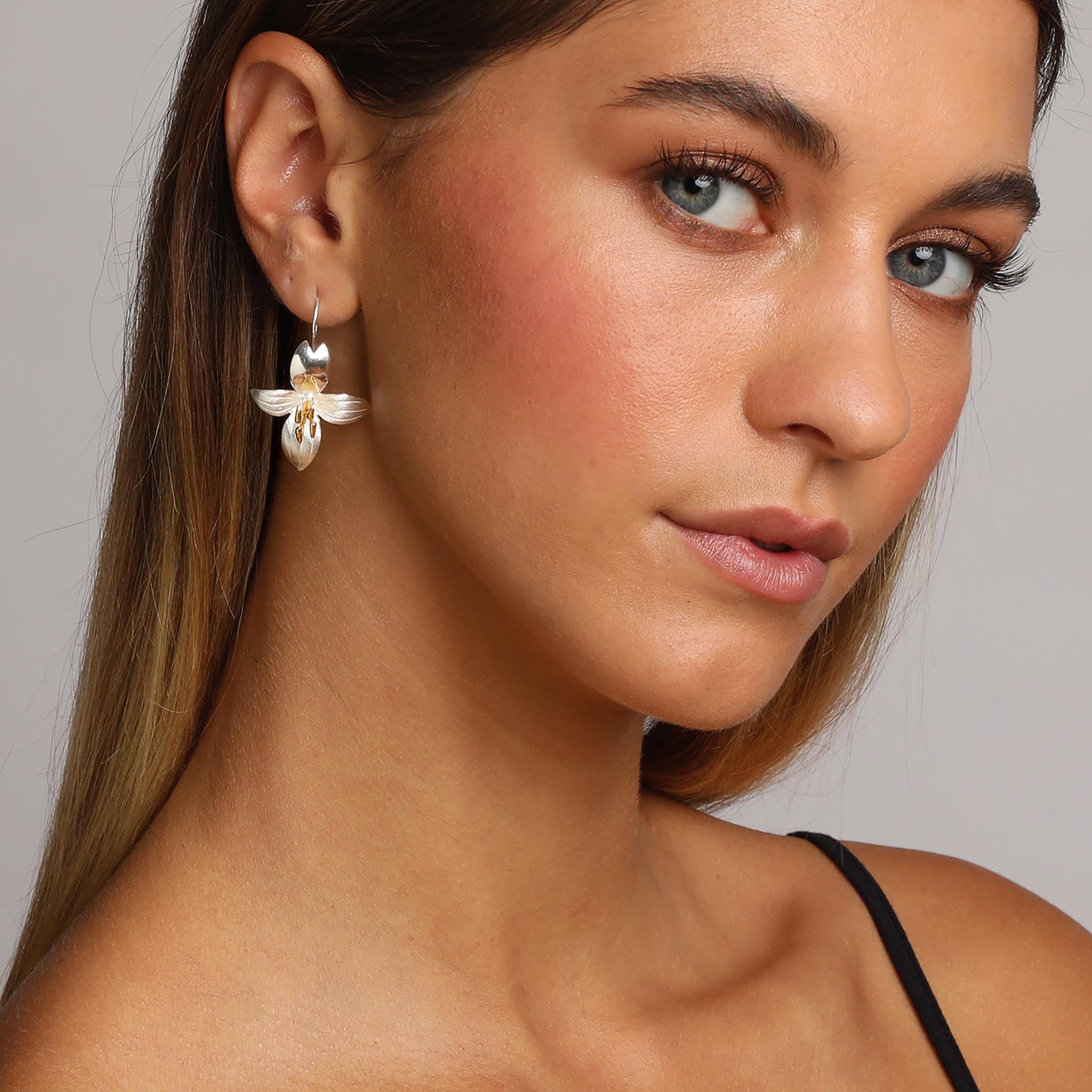 Silver and Yellow-Gold Large Daphne Flower Earrings