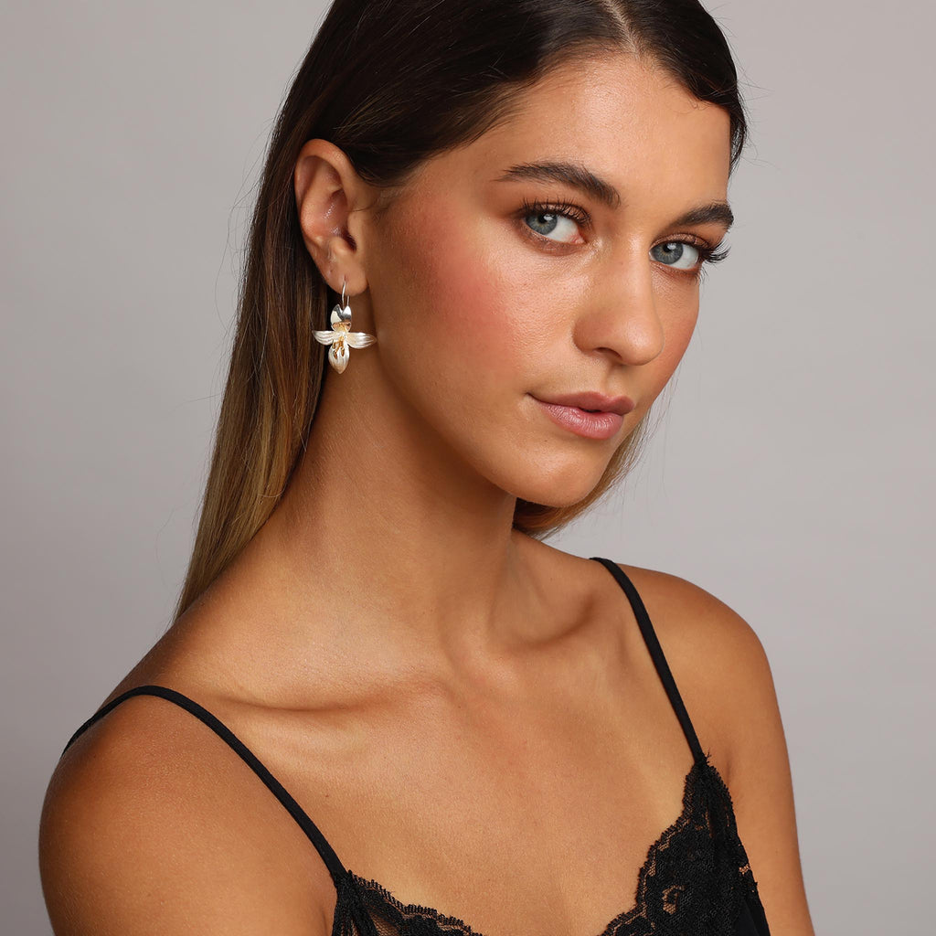 Silver and Yellow-Gold Large Daphne Flower Earrings