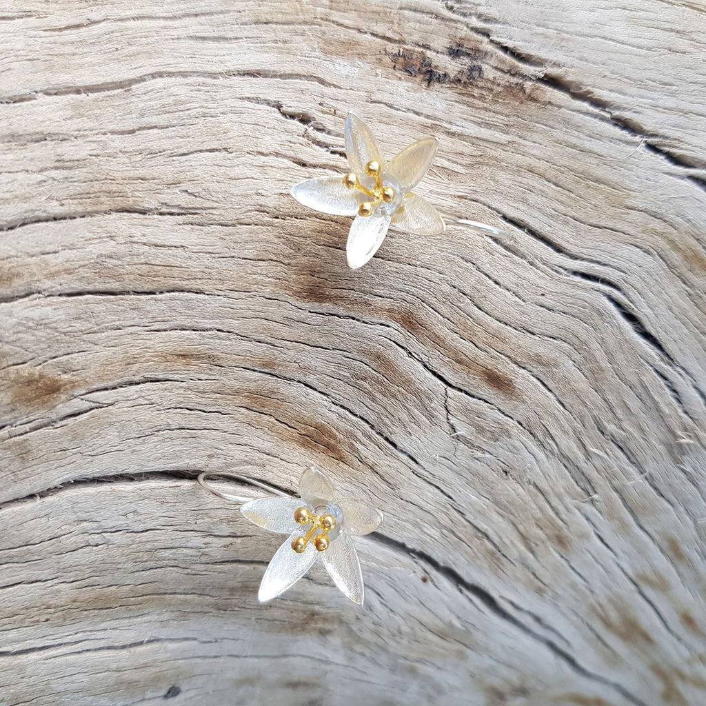 Silver and Yellow-Gold Lily Flower Earrings