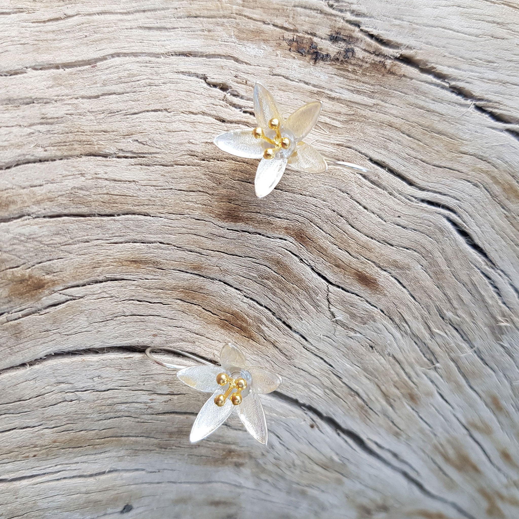 Silver and Yellow-Gold Lily Flower Earrings