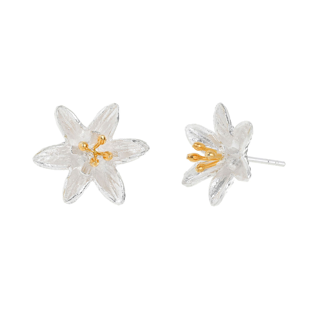 Silver and Yellow-Gold Lily Flower Stud Earrings
